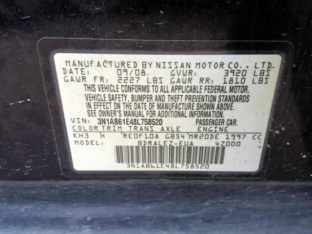 3N1AB61E48L758520 - 2008 NISSAN SENTRA 2.0 BLACK photo 10