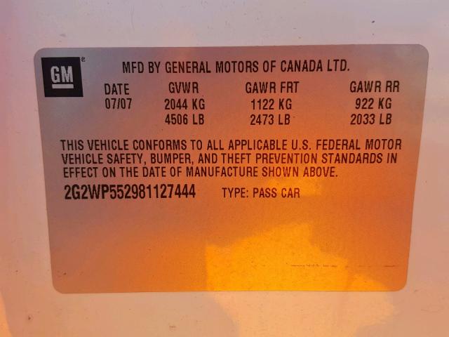 2G2WP552981127444 - 2008 PONTIAC GRAND PRIX WHITE photo 10