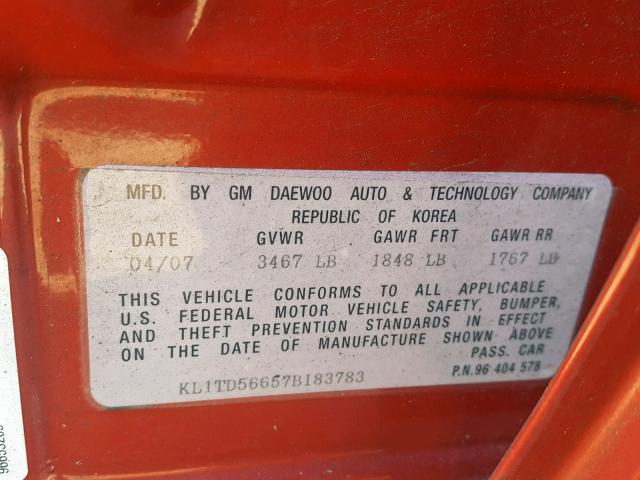 KL1TD56657B183783 - 2007 CHEVROLET AVEO BASE Qırmızı foto 10