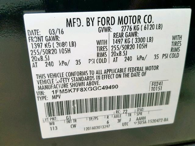 1FM5K7F8XGGC49490 - 2016 FORD EXPLORER L BLACK photo 10