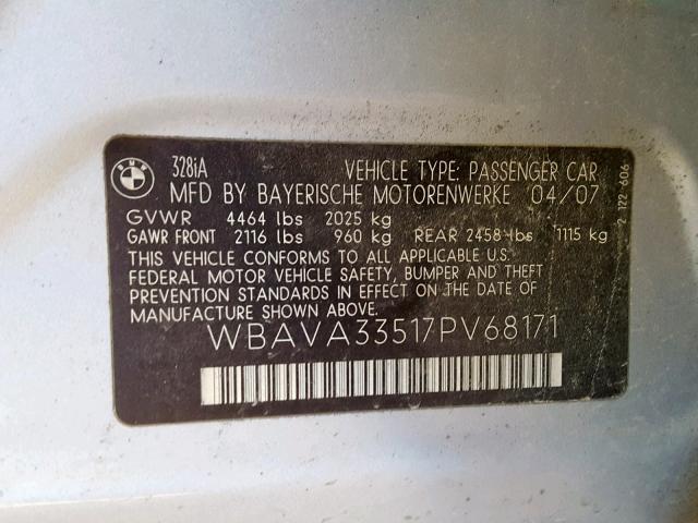 WBAVA33517PV68171 - 2007 BMW 328 I SILVER photo 10