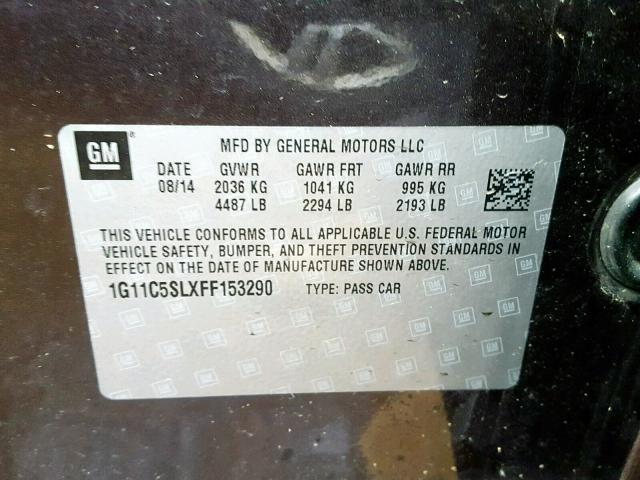 1G11C5SLXFF153290 - 2015 CHEVROLET MALIBU 1LT GRAY photo 10