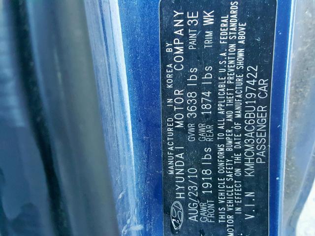 KMHCM3AC6BU197422 - 2011 HYUNDAI ACCENT GL BLUE photo 10