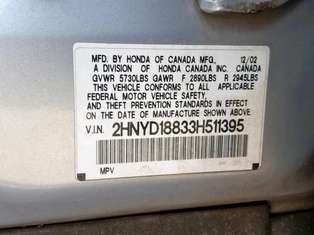 2HNYD18833H511395 - 2003 ACURA MDX TOURIN SILVER photo 10