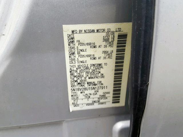 5N1BV28U15N127911 - 2005 NISSAN QUEST S GRAY photo 10