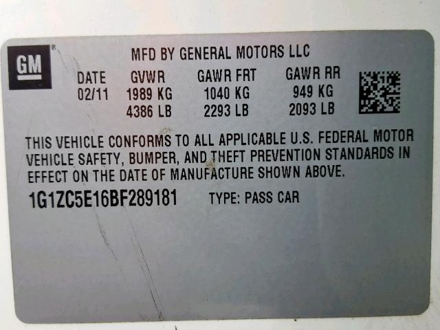 1G1ZC5E16BF289181 - 2011 CHEVROLET MALIBU 1LT WHITE photo 10