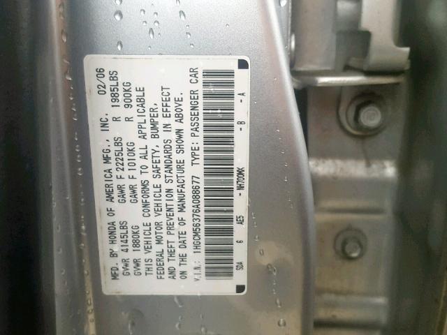 1HGCM56376A088677 - 2006 HONDA ACCORD SE SILVER photo 10