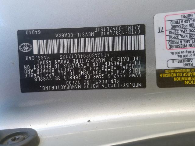 4T1CA30P04U017125 - 2004 TOYOTA CAMRY SOLA SILVER photo 10