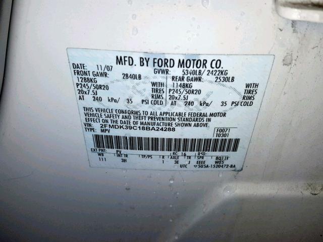 2FMDK39C18BA24288 - 2008 FORD EDGE LIMIT WHITE photo 10