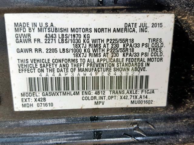 4A4AP3AW4FE043927 - 2015 MITSUBISHI OUTLANDER BLACK photo 10