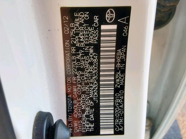 JTDKN3DP3C3002847 - 2012 TOYOTA PRIUS PLUG WHITE photo 10