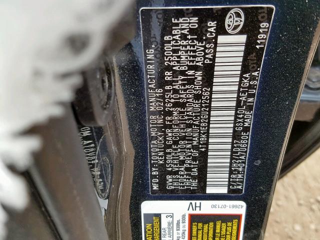 4T1BK1EB2GU212562 - 2016 TOYOTA AVALON XLE BLUE photo 10