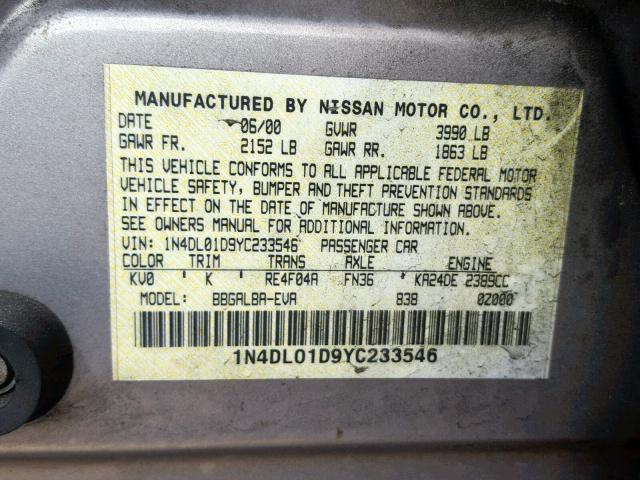 1N4DL01D9YC233546 - 2000 NISSAN ALTIMA XE GRAY photo 10