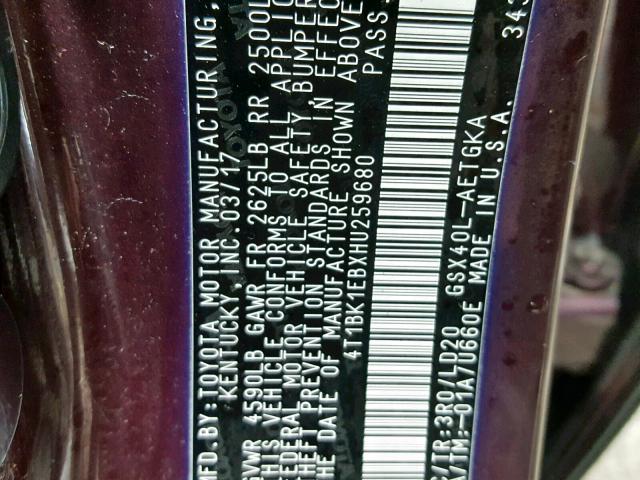 4T1BK1EBXHU259680 - 2017 TOYOTA AVALON XLE MAROON photo 10