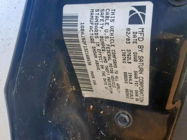 1G8AJ52F13Z160530 - 2003 SATURN ION LEVEL SILVER photo 10