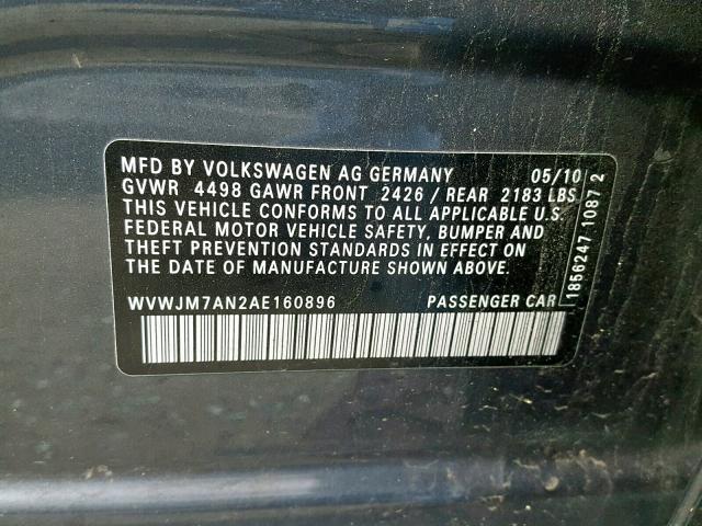 WVWJM7AN2AE160896 - 2010 VOLKSWAGEN PASSAT KOM GRAY photo 10