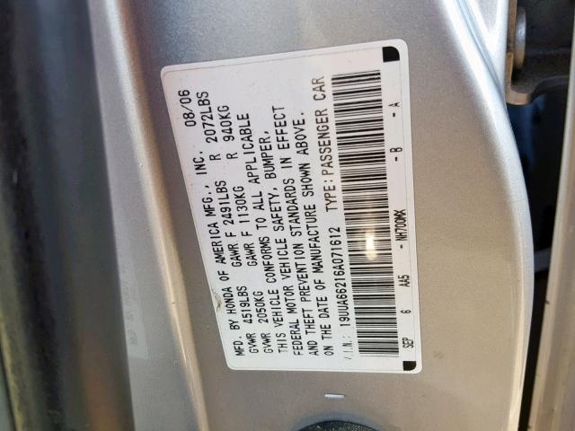 19UUA66216A071612 - 2006 ACURA 3.2TL SILVER photo 10