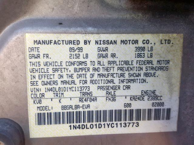 1N4DL01D1YC113773 - 2000 NISSAN ALTIMA XE GRAY photo 10