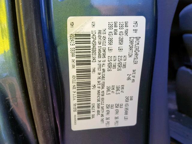 1D4GP45R46B651043 - 2006 DODGE CARAVAN SX BLUE photo 10