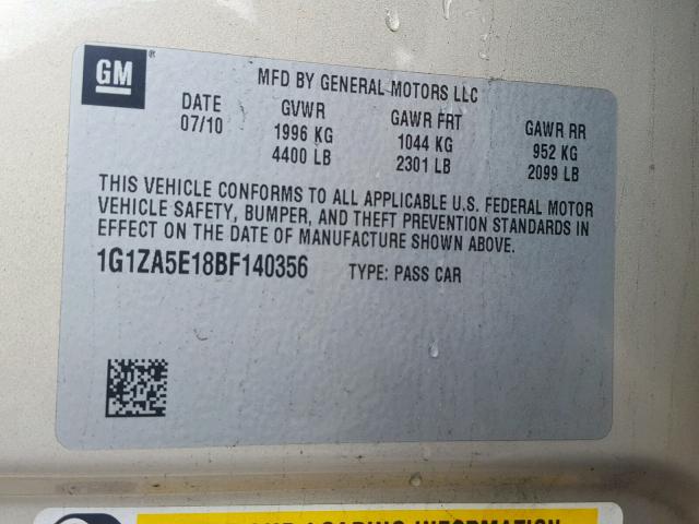 1G1ZA5E18BF140356 - 2011 CHEVROLET MALIBU LS ბეჟი ფოტო 10