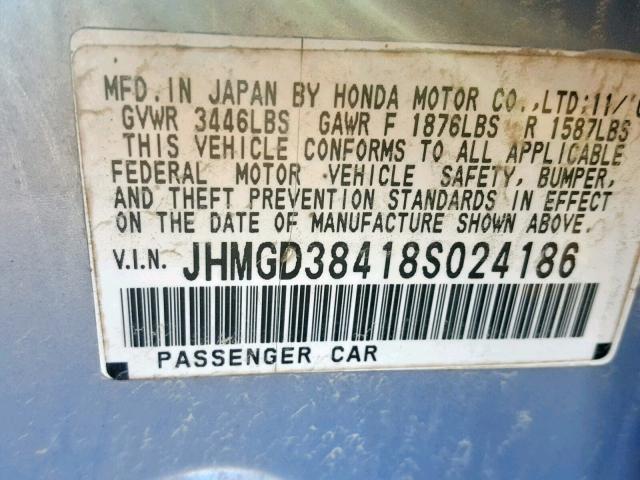 JHMGD38418S024186 - 2008 HONDA FIT BLUE photo 10