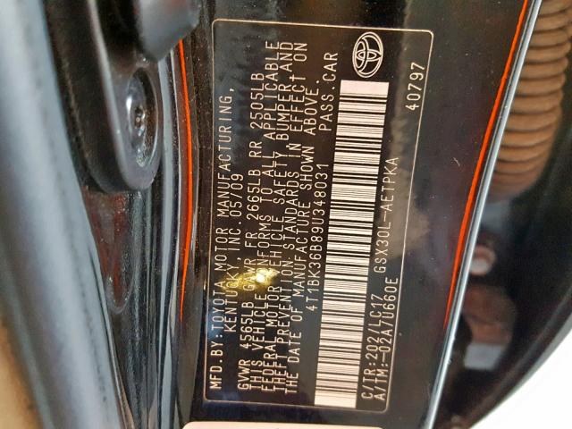 4T1BK36B89U348031 - 2009 TOYOTA AVALON XL BLACK photo 10