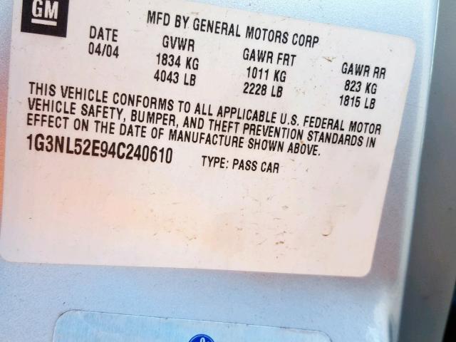 1G3NL52E94C240610 - 2004 OLDSMOBILE ALERO GL SILVER photo 10