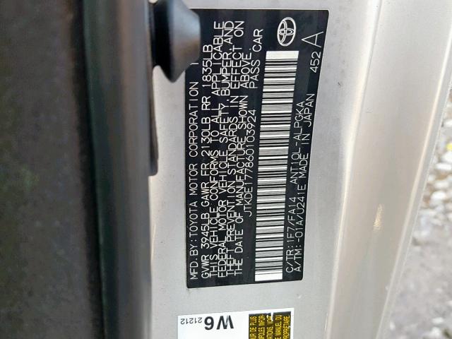 JTKDE177860103924 - 2006 TOYOTA SCION TC 银色 照片 10