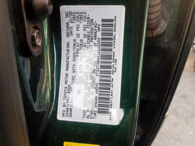 5TDZT38A31S002854 - 2001 TOYOTA SEQUOIA LI GREEN photo 10