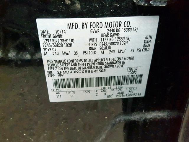 2FMDK3KCXEBB45505 - 2014 FORD EDGE LIMIT BLACK photo 10