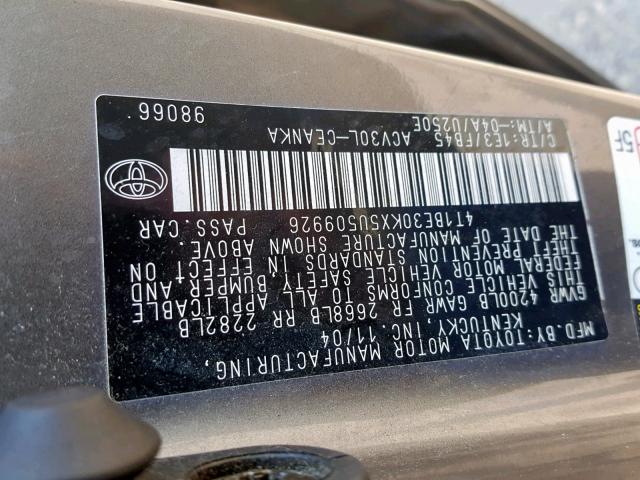 4T1BE30KX5U509926 - 2005 TOYOTA CAMRY LE GRAY photo 10