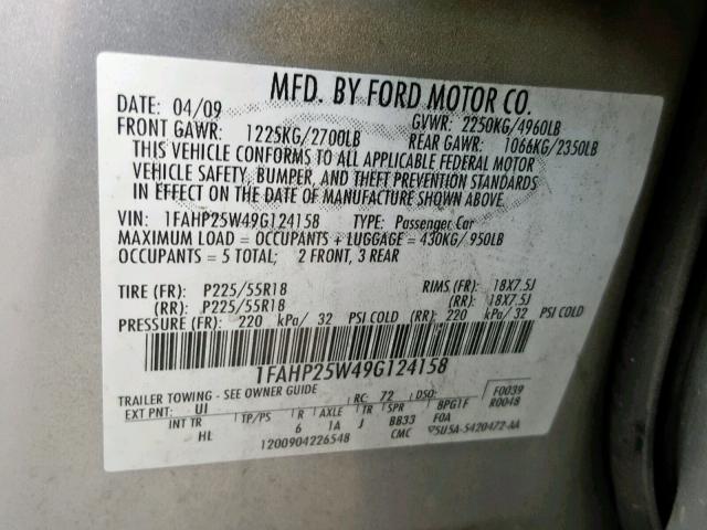 1FAHP25W49G124158 - 2009 FORD TAURUS LIM SILVER photo 10