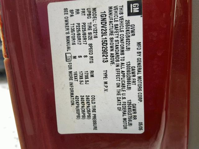 1GNDV23L15D290213 - 2005 CHEVROLET UPLANDER L Qırmızı foto 10