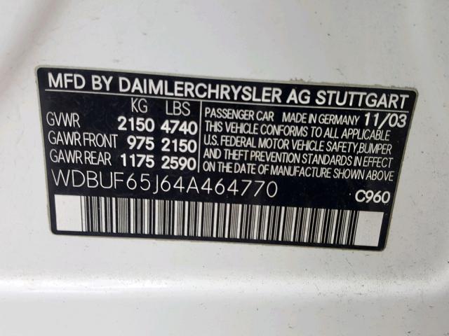 WDBUF65J64A464770 - 2004 MERCEDES-BENZ E 320 WHITE photo 10