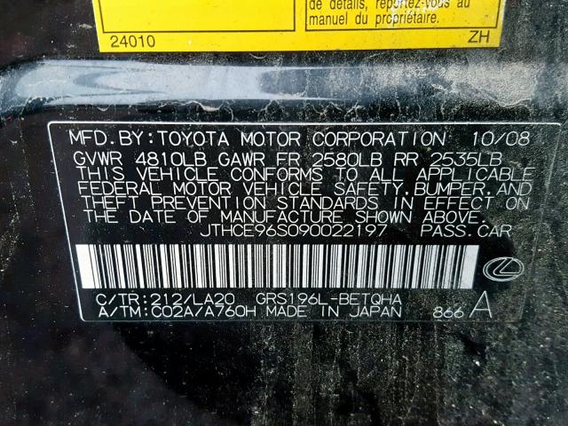 JTHCE96S090022197 - 2009 LEXUS GS 350 BLACK photo 10