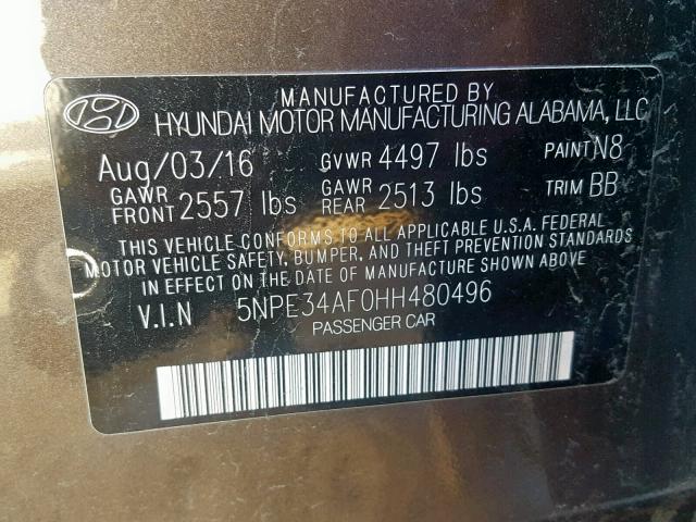 5NPE34AF0HH480496 - 2017 HYUNDAI SONATA SPO BROWN photo 10