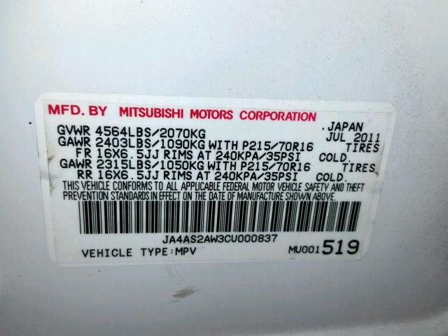 JA4AS2AW3CU000837 - 2012 MITSUBISHI OUTLANDER WHITE photo 10