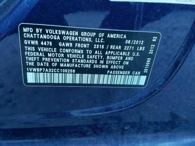 1VWBP7A32CC105256 - 2012 VOLKSWAGEN PASSAT SE BLUE photo 10