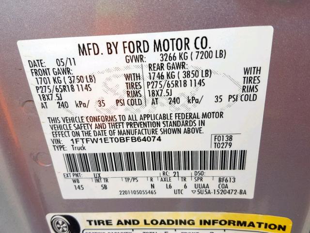 1FTFW1ET0BFB64074 - 2011 FORD F150 SUPER GRAY photo 10