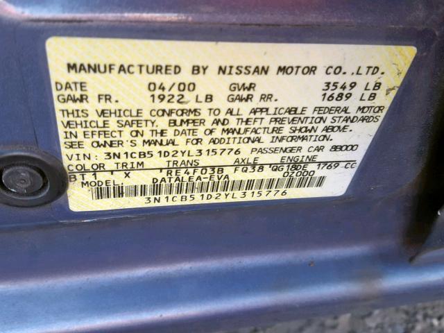 3N1CB51D2YL315776 - 2000 NISSAN SENTRA BAS BLACK photo 10