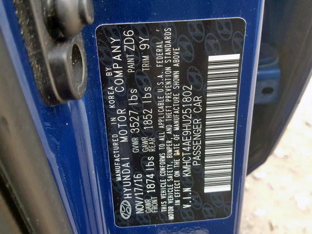 KMHCT4AE9HU251802 - 2017 HYUNDAI ACCENT SE BLUE photo 10