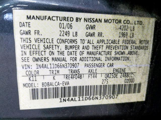 1N4AL11D66N370907 - 2006 NISSAN ALTIMA S GRAY photo 10