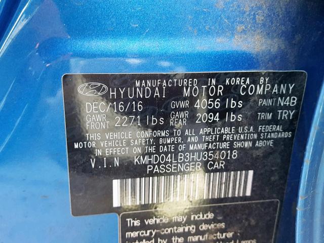 KMHD04LB3HU354018 - 2017 HYUNDAI ELANTRA SP BLUE photo 10