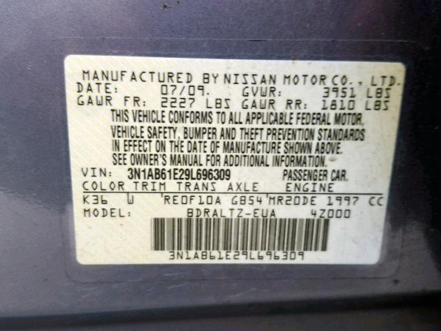 3N1AB61E29L696309 - 2009 NISSAN SENTRA 2.0 SILVER photo 10