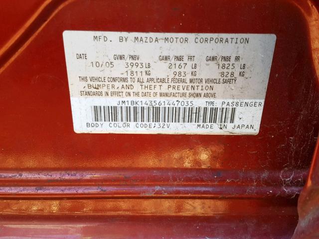 JM1BK143561447035 - 2006 MAZDA 3 HATCHBAC RED photo 10