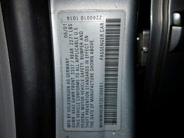 WVWWH63B12E100651 - 2002 VOLKSWAGEN PASSAT GLX 银色 照片 10