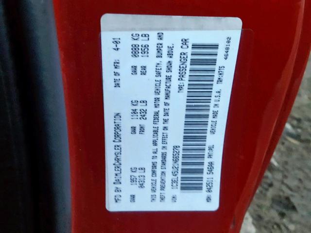 1C3EL45U21N665278 - 2001 CHRYSLER SEBRING LX RED photo 10