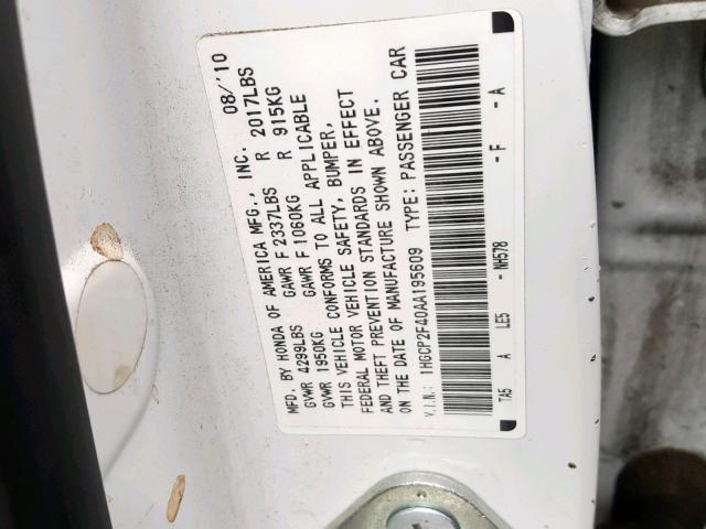 1HGCP2F40AA195609 - 2010 HONDA ACCORD LXP WHITE photo 10