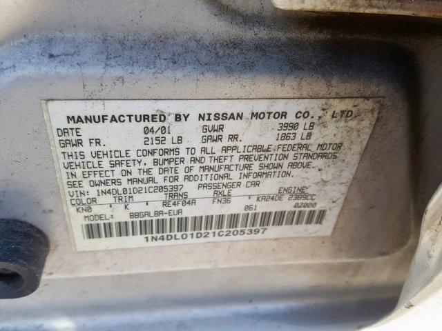 1N4DL01D21C205397 - 2001 NISSAN ALTIMA XE GRAY photo 10