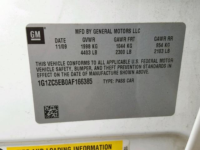 1G1ZC5EB0AF166385 - 2010 CHEVROLET MALIBU 1LT თეთრი ფოტო 10